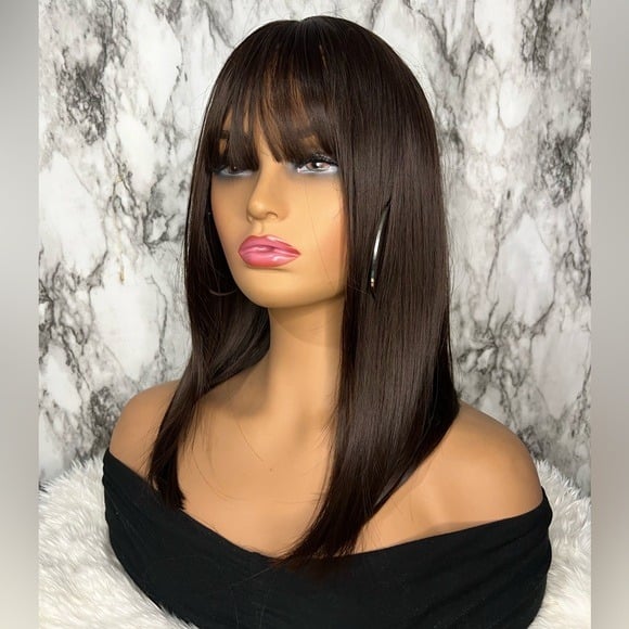 Human hair Blend 16 In Short Bob Chocolate Brown Wig with Bangs