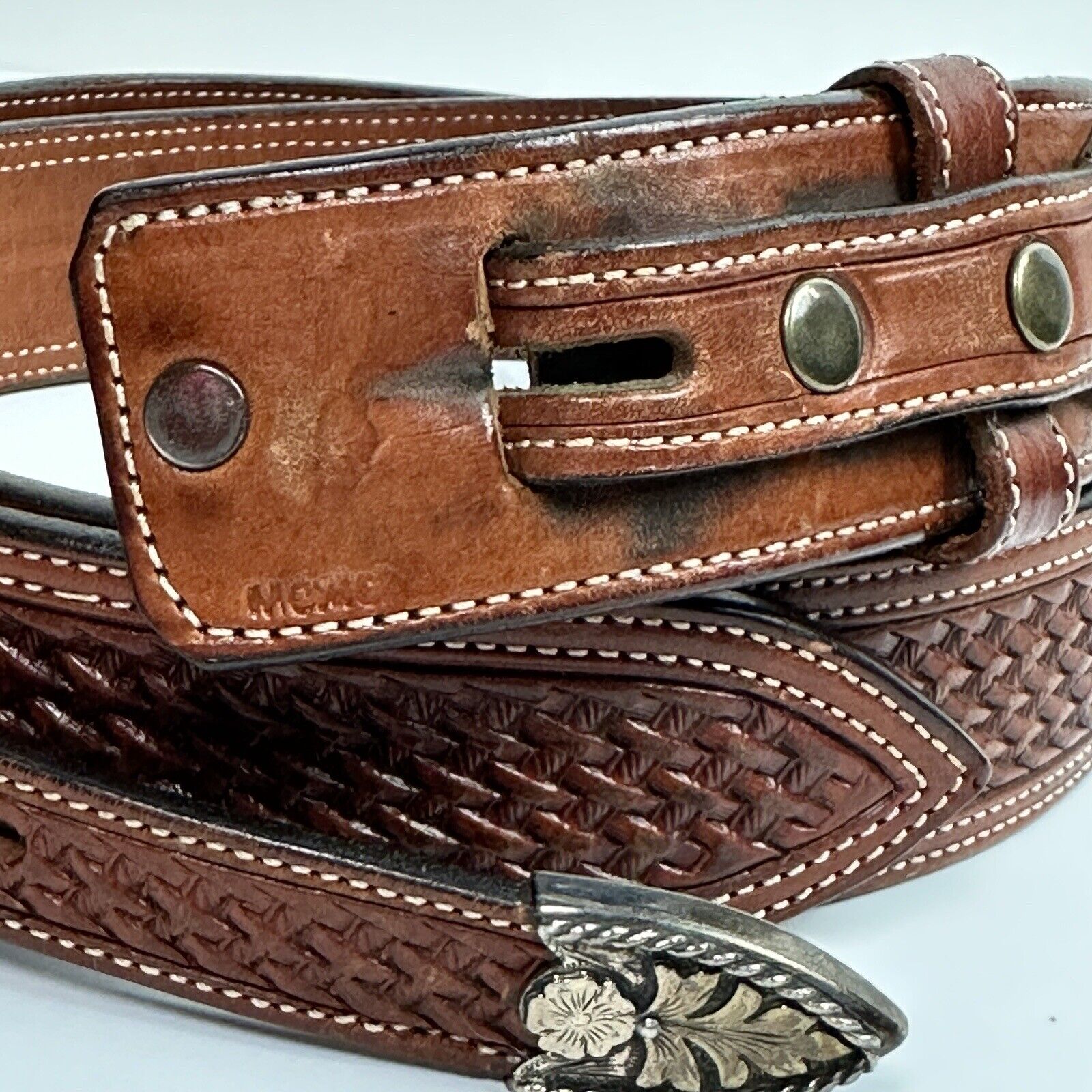 Vogt Silversmiths Western Belt Mens 1 1/2 Basketweave Sz 38 Hand Tooled