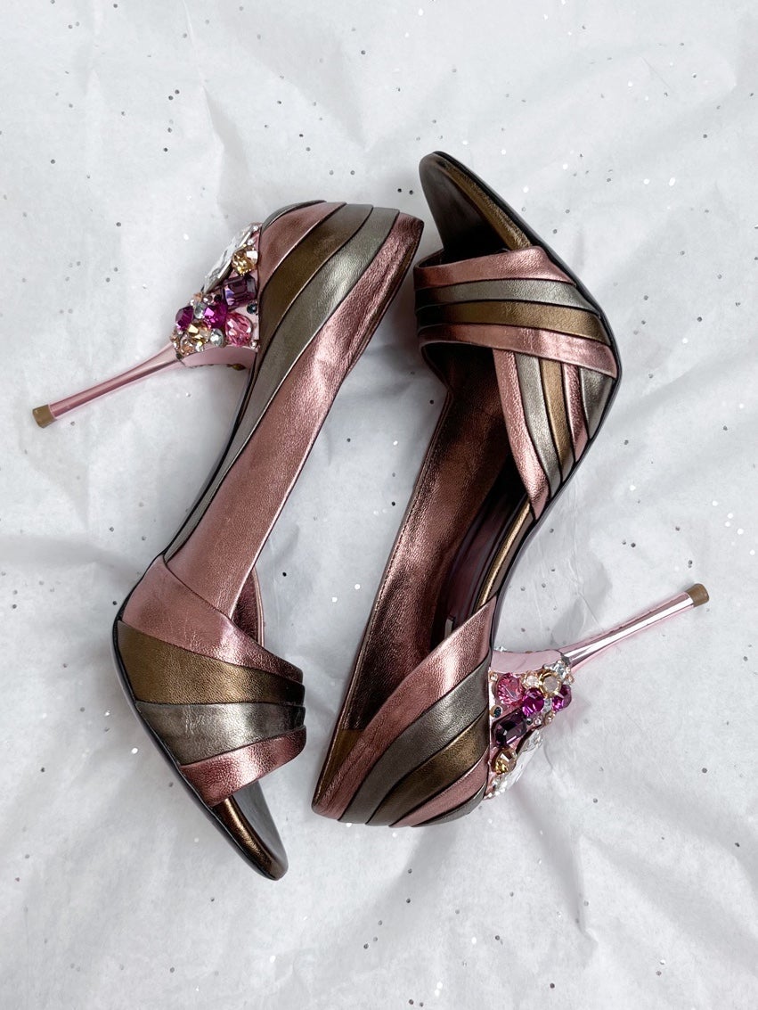 Miu Miu Copper, Silver, Rose Gold Crystal High Heels Size 36.5