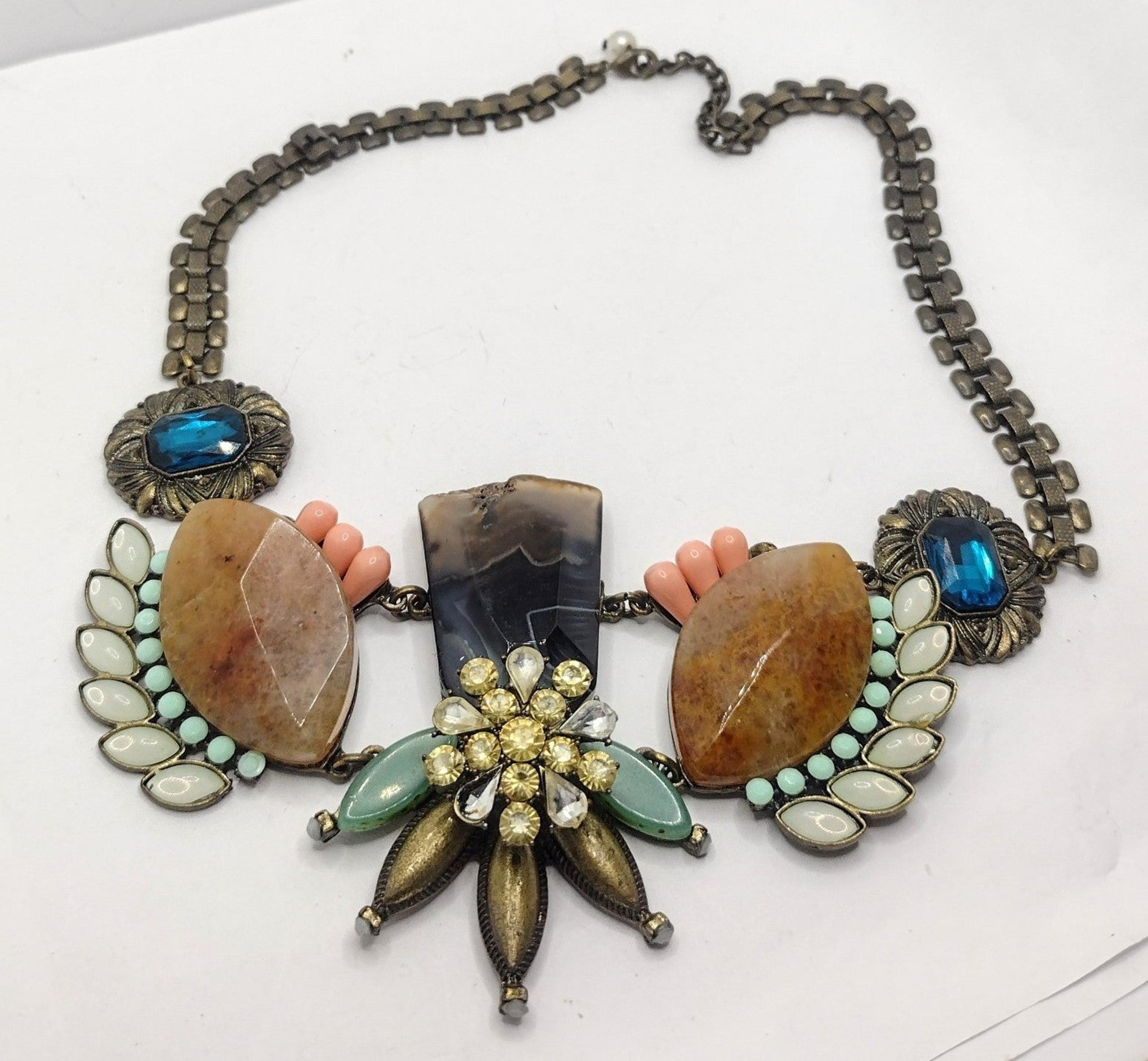 Jill Schwartz Norrland Necklace antiqued gold-plate book chain w quartz *REPAIR