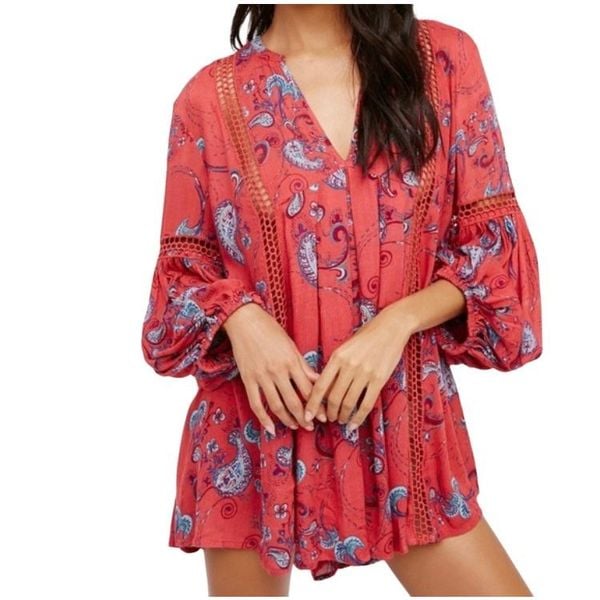 Free People XL Just The Two Of Us Red Paisley V-Neck Balloon Sleeve Tunic