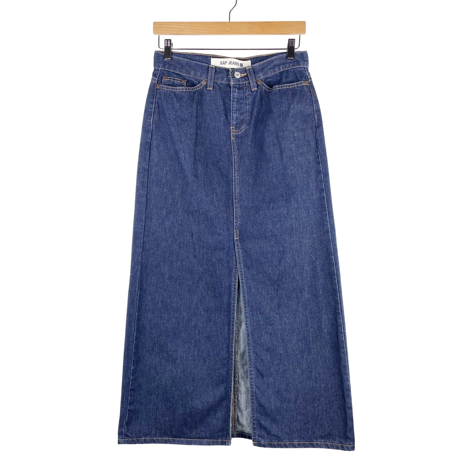 GAP Y2K Women's Dark Wash Long Denim Skirt Size 4 Regular Front Open Slit 00s
