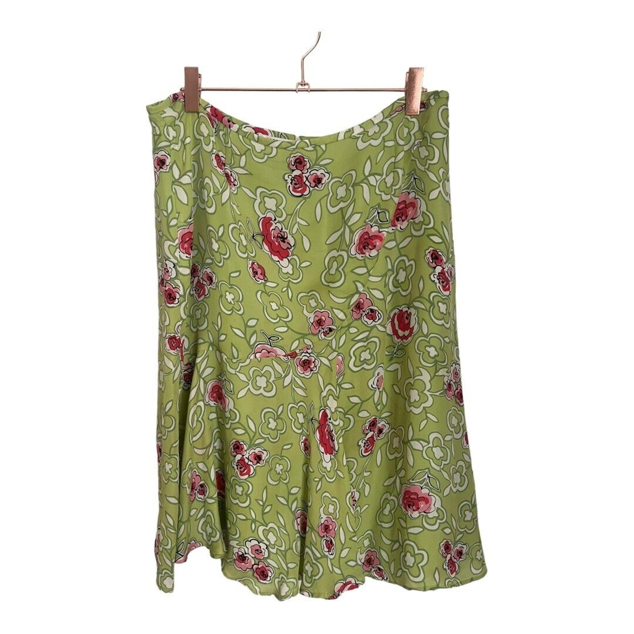 Y2K 90s Harold’s Silk Floral Green Skirt 10 Knee Length CottageCore