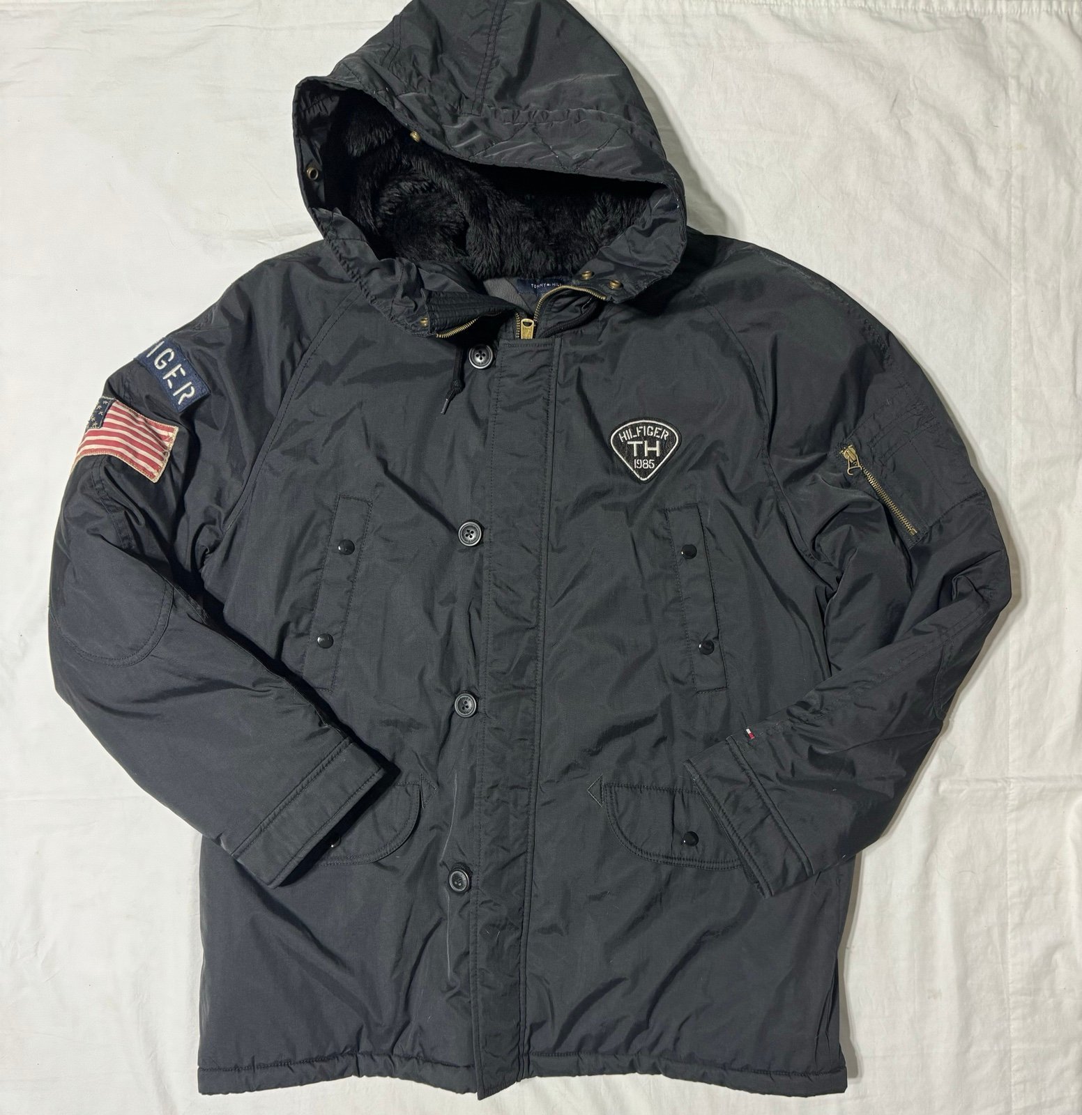 Vintage EEUC XXL Tommy Hilfiger Black American Flag Winter Parka Coat Nice!!