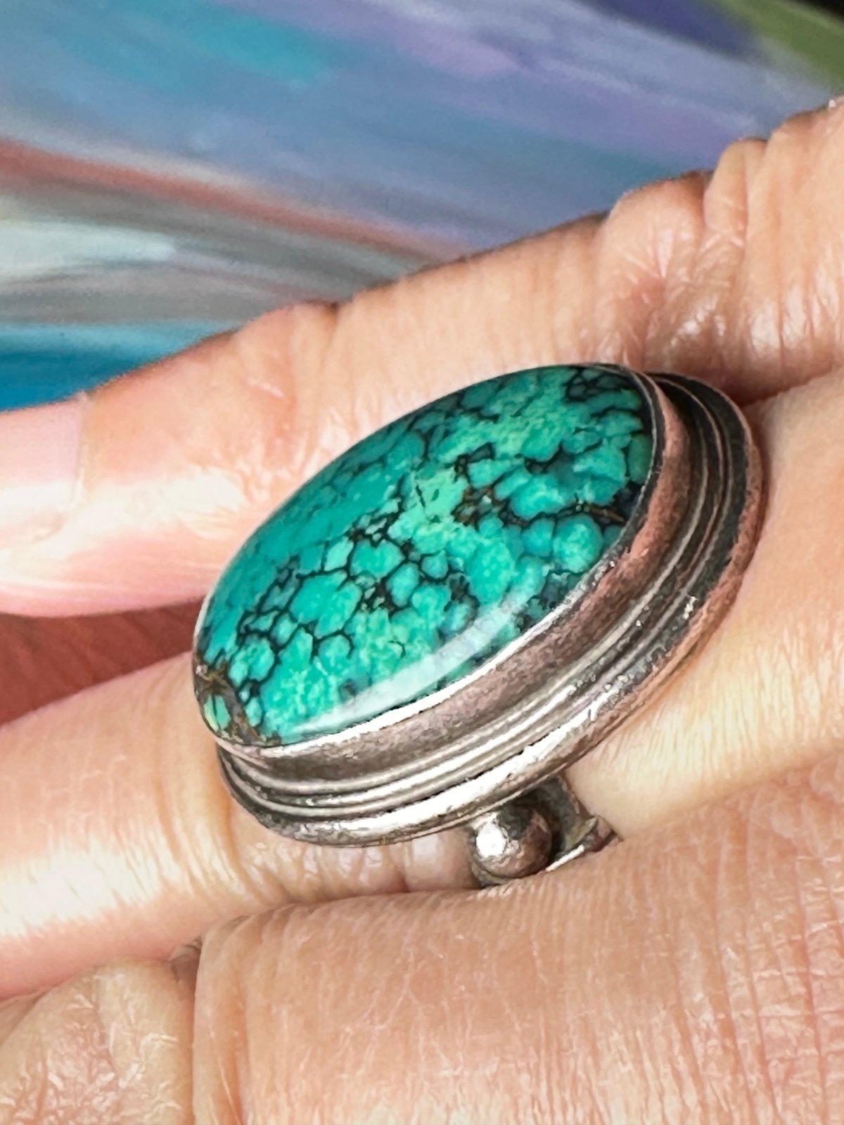 Ring Turquoise Spider Web Tibetan Oval 12.6g Silver 5486 Y