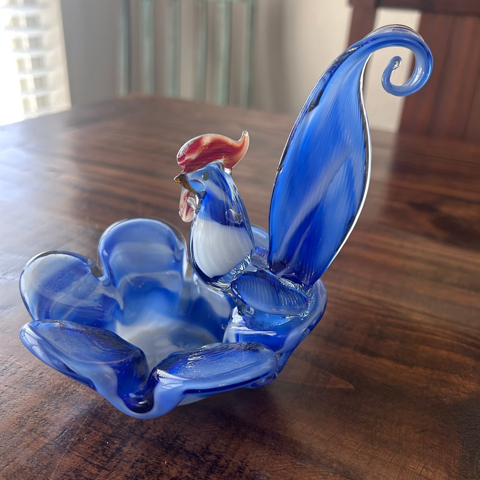 MURANO Style Art Glass Ashtray Rooster Hand Blown-Blue/White -Beautiful