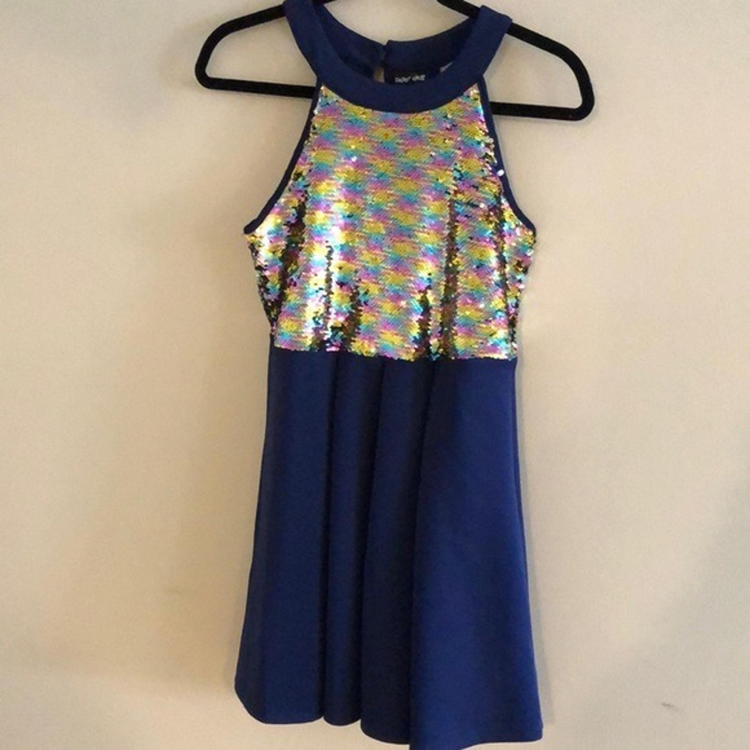 Paper Dolls, Girls navy blue dress w/ multi-color reversible sequins, si…