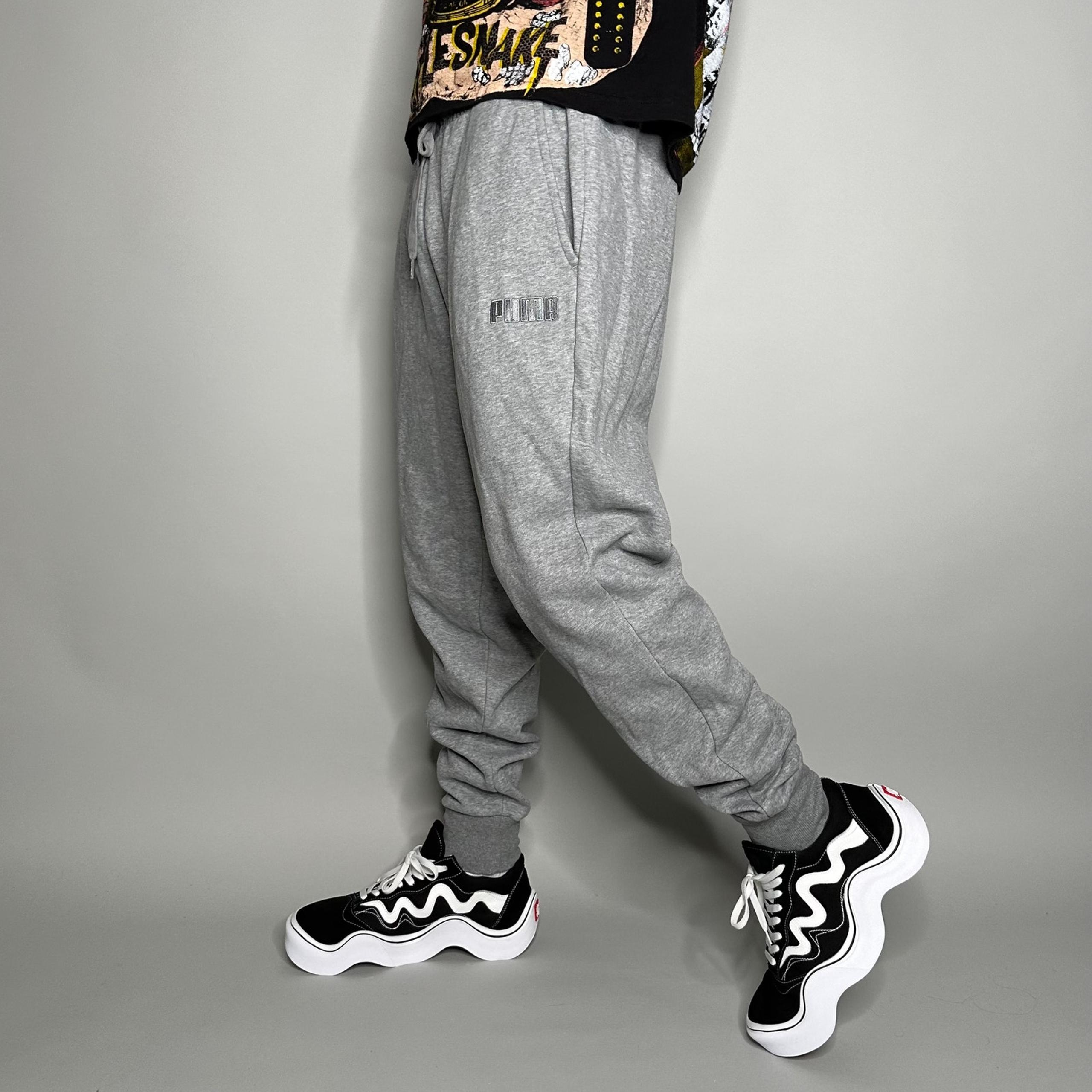 Puma Joggers Light Grey Cotton Sweatpants Subtle Logo Baggy Fit