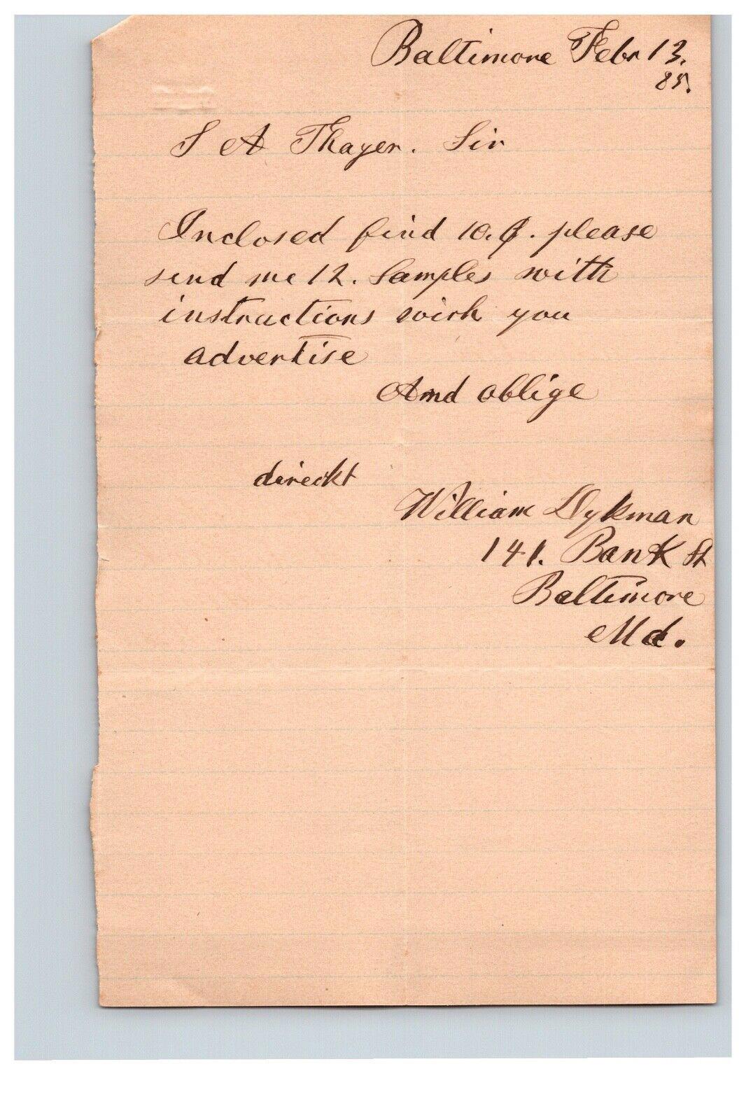 1885 Handwritten Letter William Dykeman Baltimore MD Maryland History Family