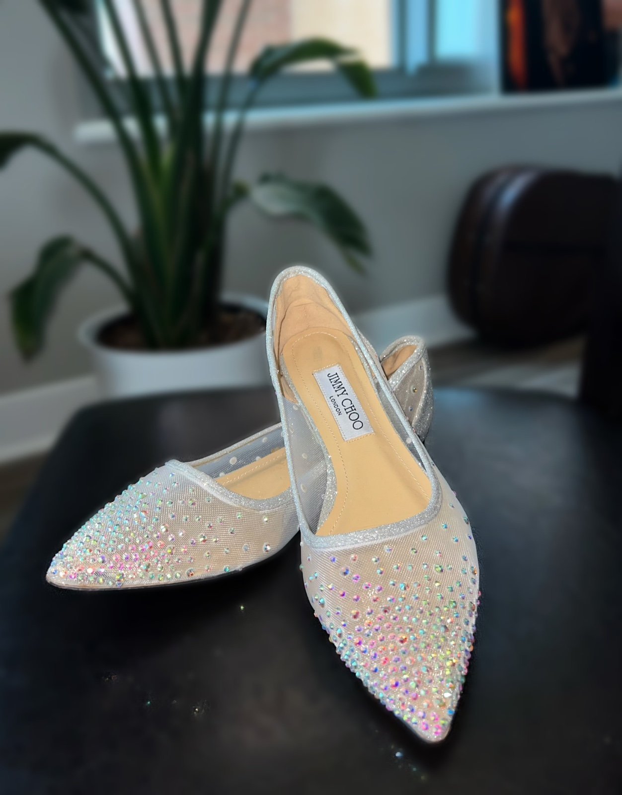 Jimmy Choo - Crystal Embellished Mesh Pointed Toe Flats