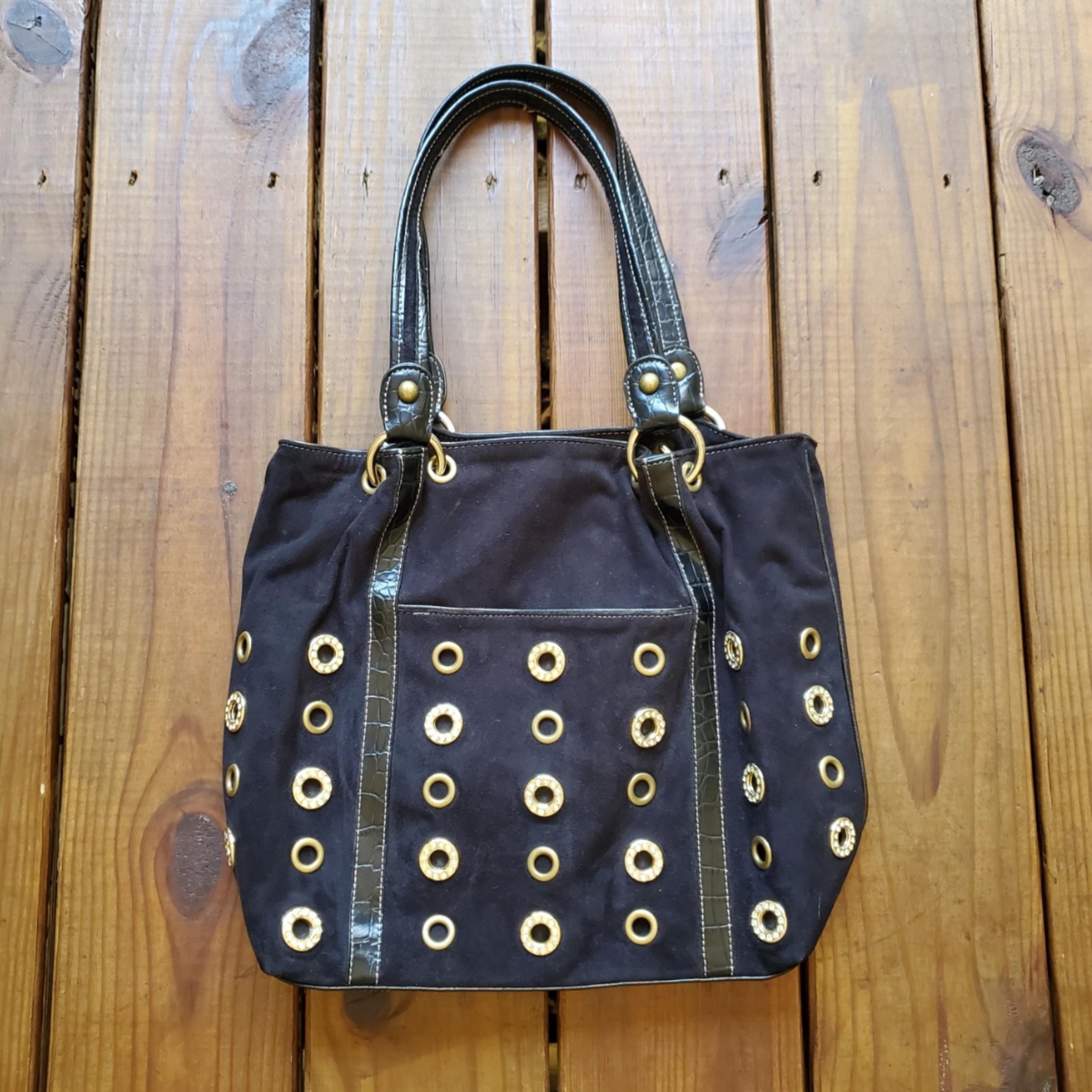 Kathy Van Zeeland large black and gold circle shoulder bag purse tote