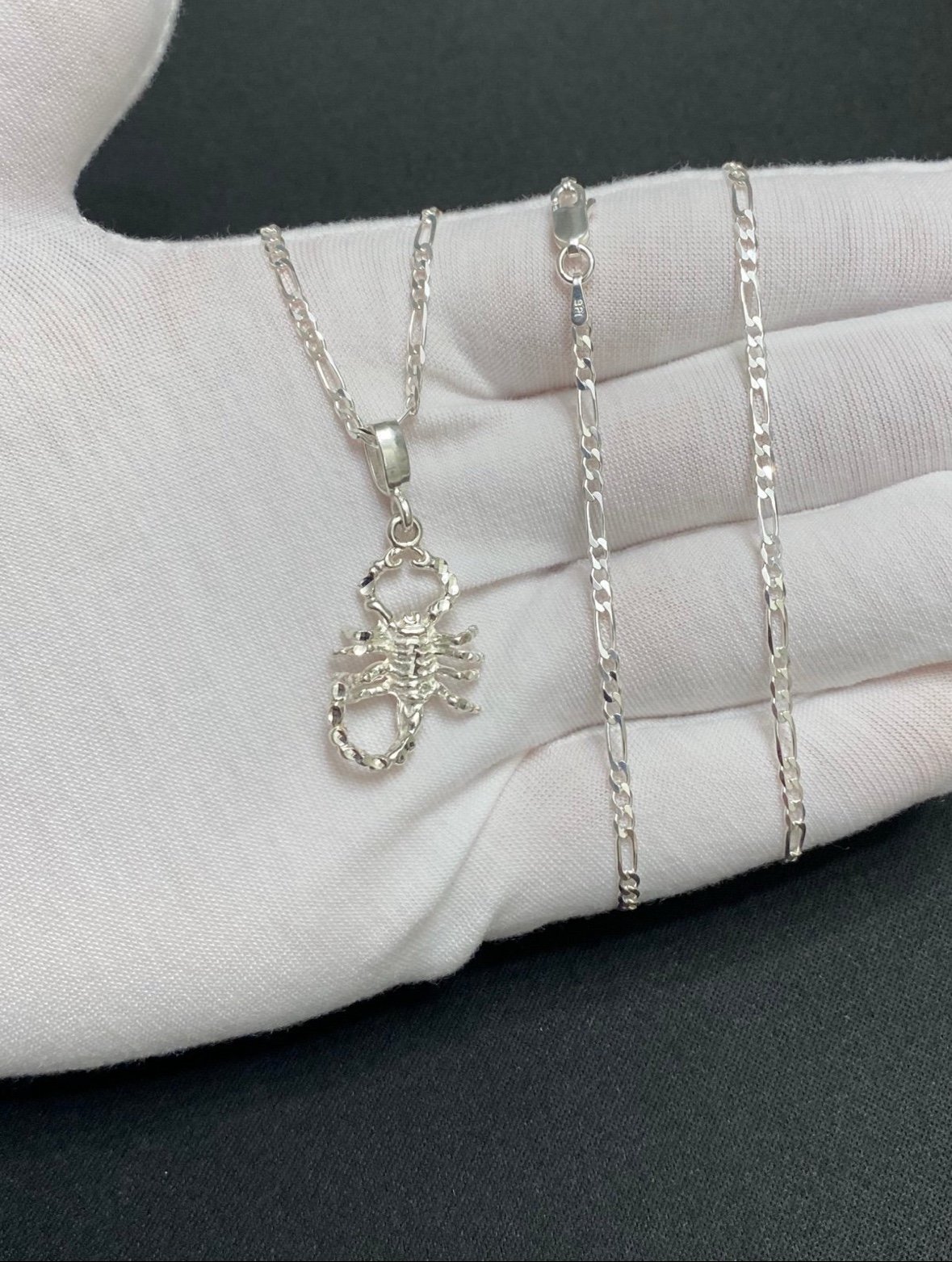 Sterling Silver Scorpion Pendant With Silver 18” Figaro Chain