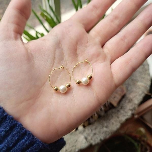 Vintage Dainty Gold Faux Pearl Dangle Drop Tiny Hoop Earrings