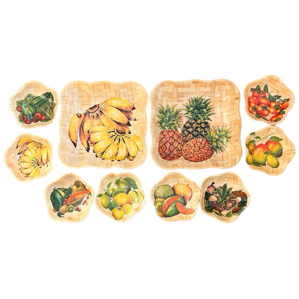 Vintage Bamboo Serving Set Salad Bowls 10pcs Fruits Vegetables Weaved Woven