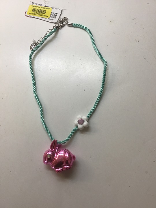 Betsey Johnson New Mint Cord with Metallic Hot Pink Bunny and Flower Necklace