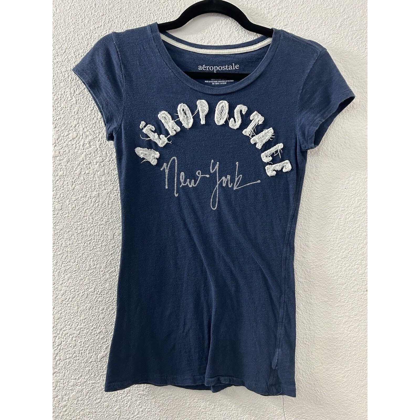 Vintage Aeropostale Womens Sz S Blue Cap Sleeve T-shirt Rare New York Spell Out