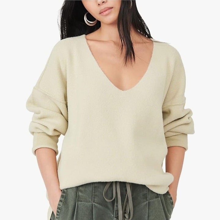 Free People Sweater Weather V Neck Marzipan Combo Oversized Sweater Size M