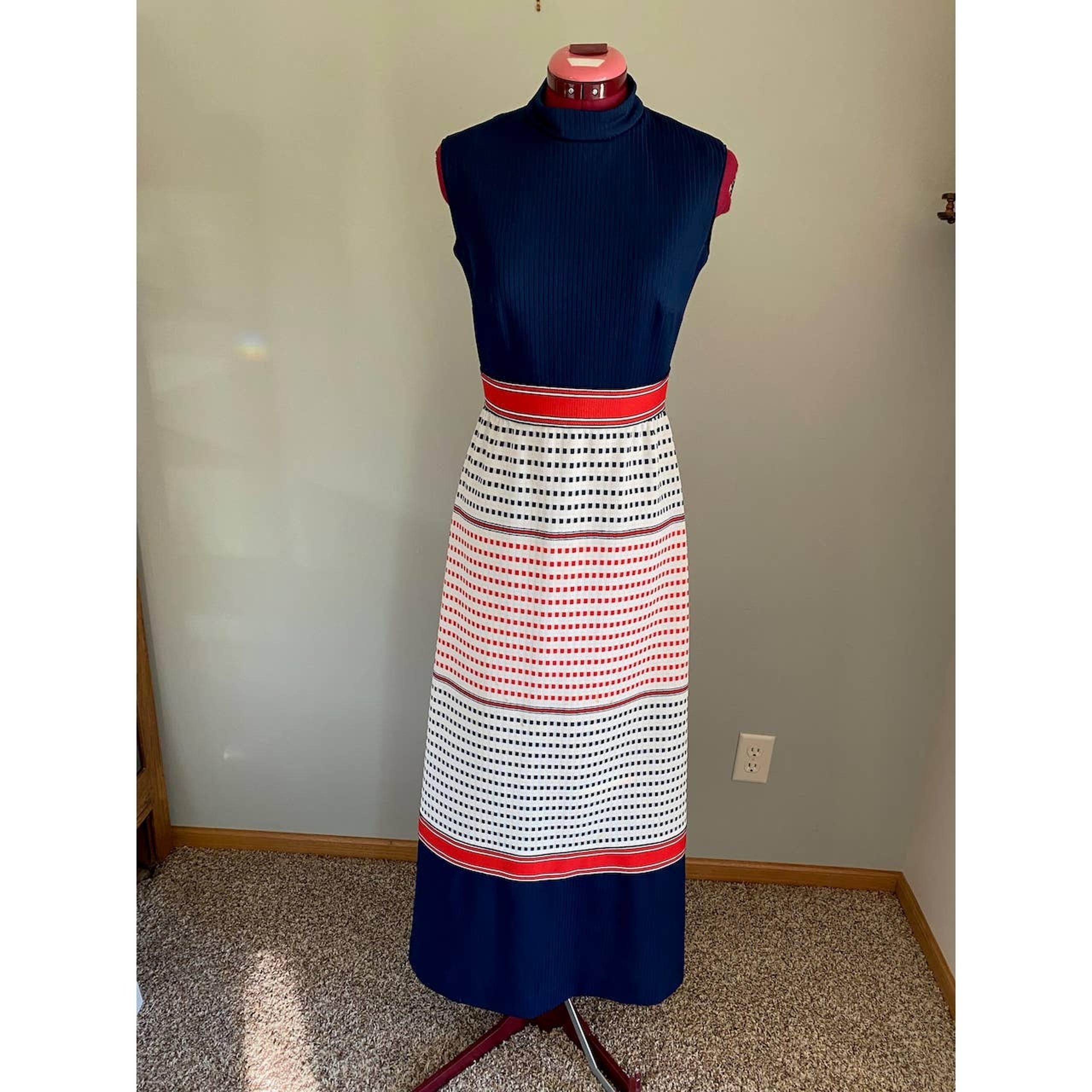 maxi dress mod geometric mock neck navy red