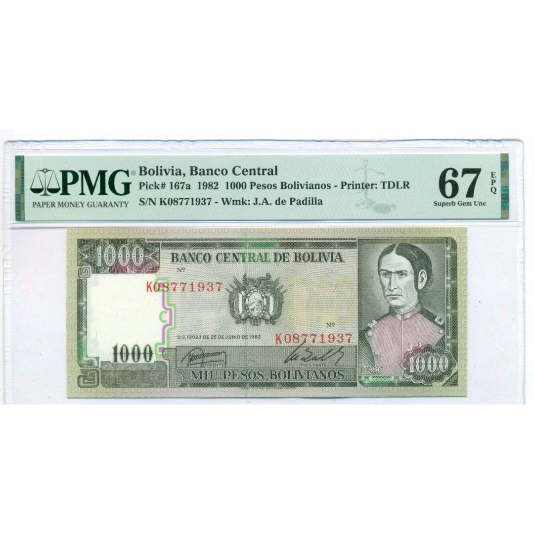 Bolivia 1982 1000 Pesos Bolivianos Bank Note Superb Gem Unc 67 EPQ PMG
