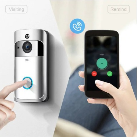 Wireless Video Doorbell with Home Security Camera Phone Intercom, Silver/Black