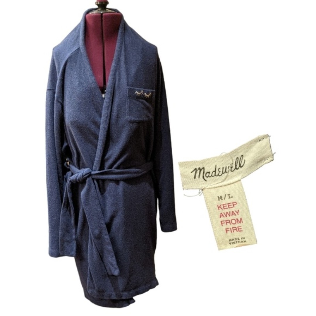 Madewell embroidered robe belted blue soft cozy H2706 Size M/L