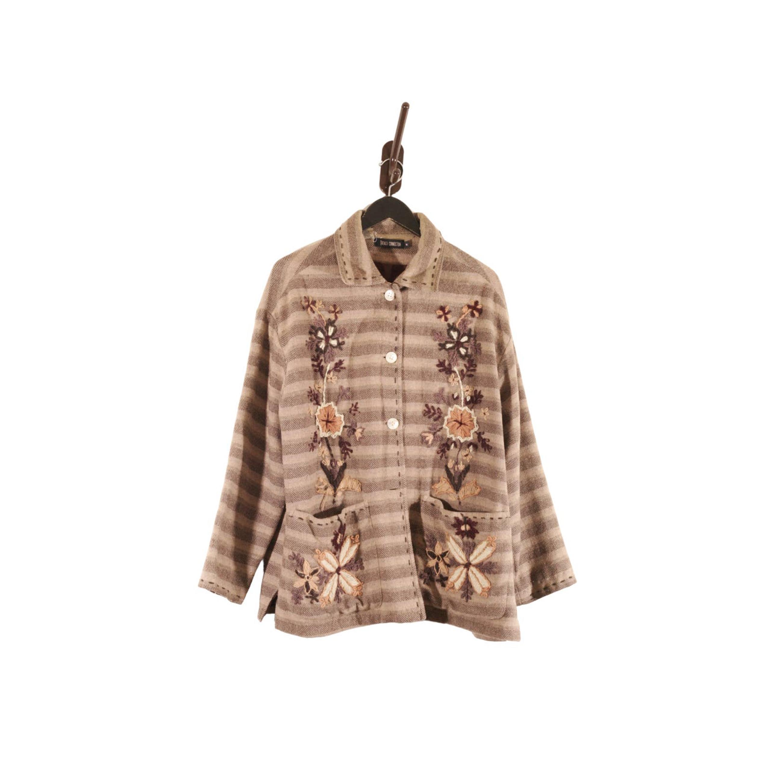 Vintage Southwestern Cottage Prairie Overcoat Coat 90s M Embroidered Striped