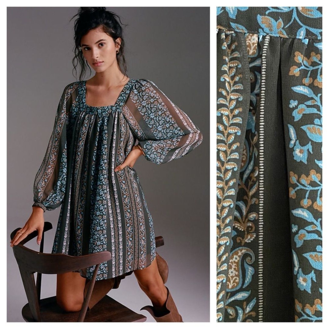 Anthropologie Blue Green Floral Sona Tunic Mini Dress