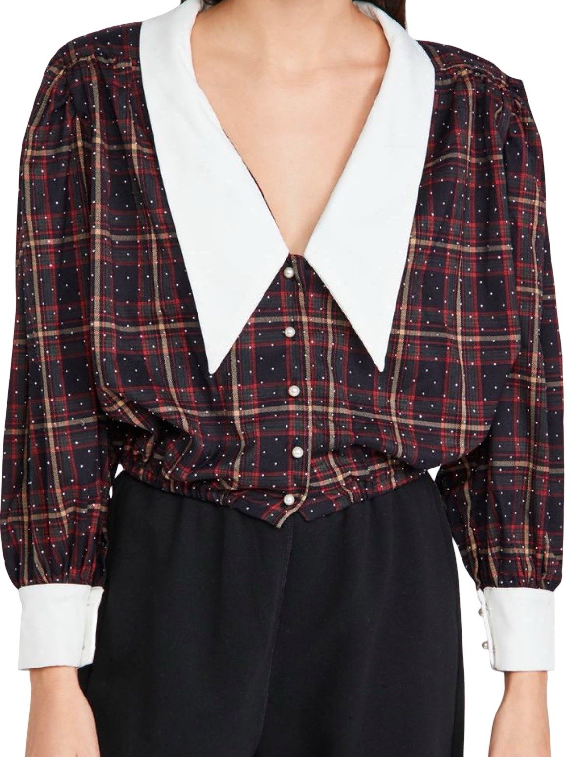 Sister Jane Tempo Check Plaid Blouse Top Long Puff Sleeve Crop School Girl Sz S