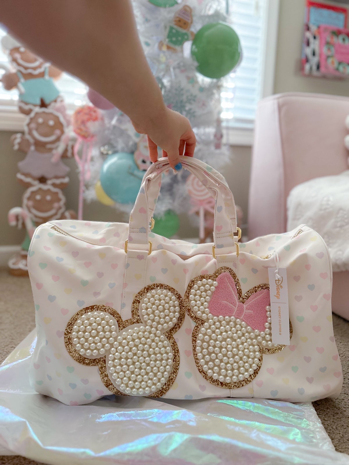 Stoney Clover Lane Mickey & Minnie Pastel Hearts Duffle Bag-NEW