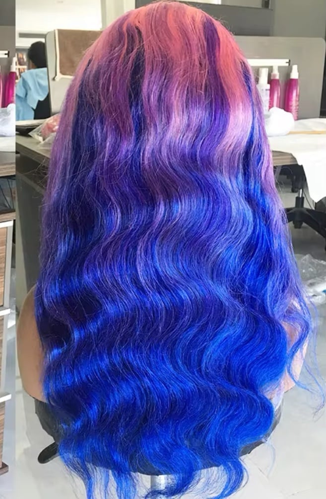 Purple and pink body wave wig