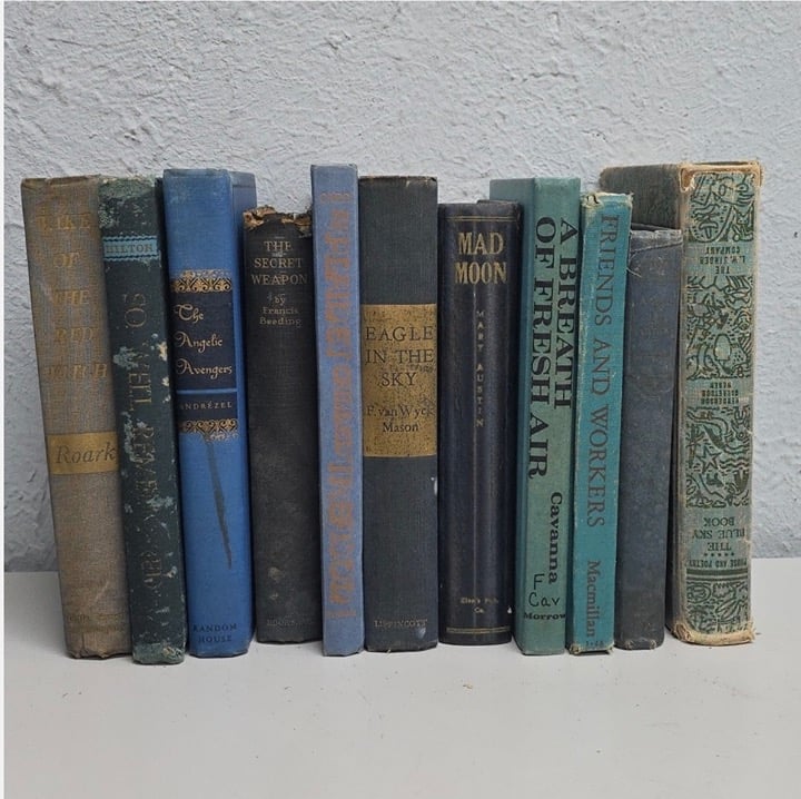 Shades of blue Old Vintage books 5 count, Antique Rare Hardcover Random Books