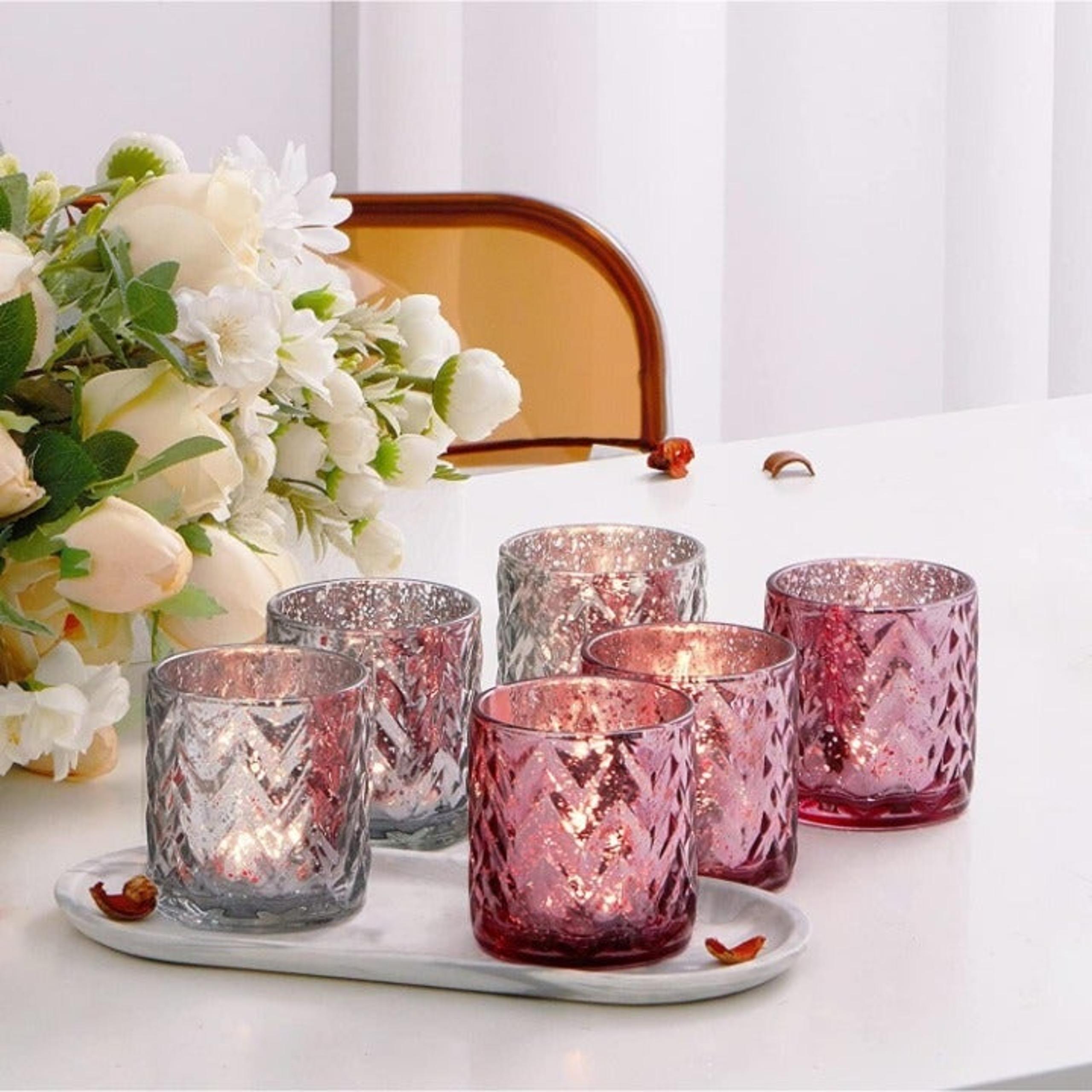 6 Pack Pink & Silver Votive Candle Holders, 3.14" Glass Tealight Candle Embossed