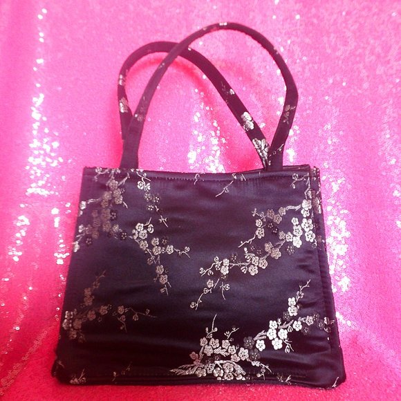 1990s vintage black satin asian purse bag