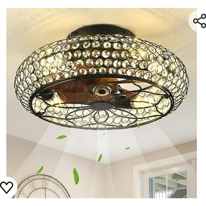 Caged Crystal Ceiling Fan with Lights and Remote,18.8 Flush Mount Low Pro(B16)