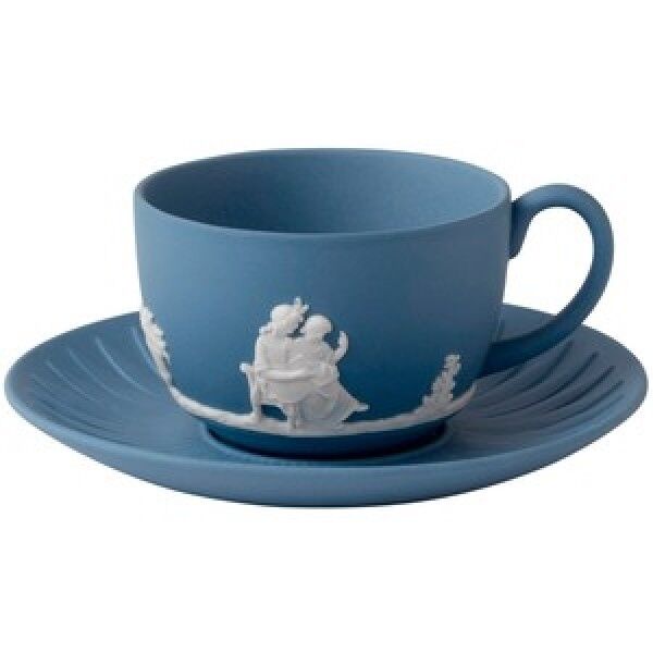 Wedgwood Jasper Classic White on Pale Blue Teacup & Saucer NEW