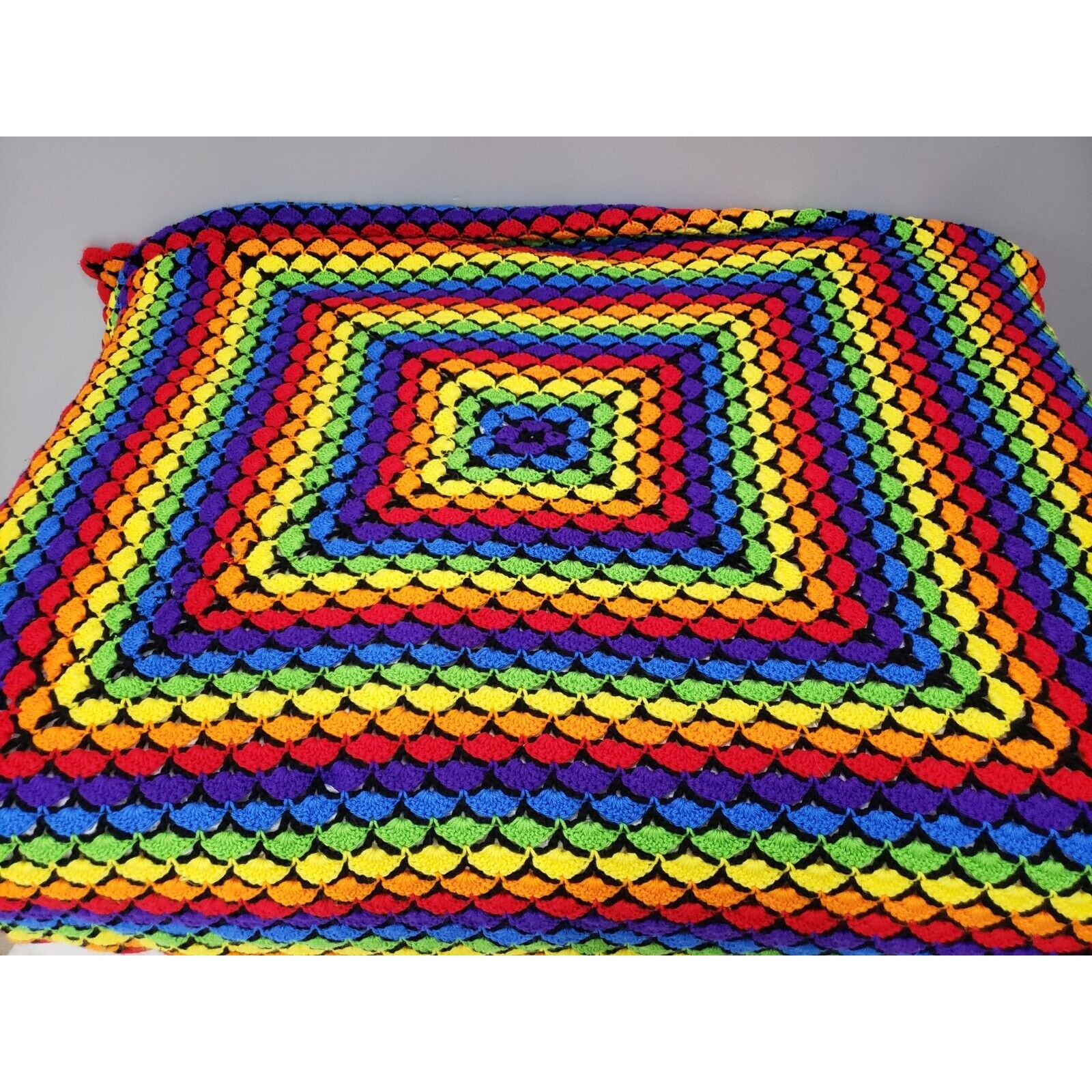 Rainbow Boho Crochet Afghan throw Blanket Vintage grandma fall cottagecore 70s