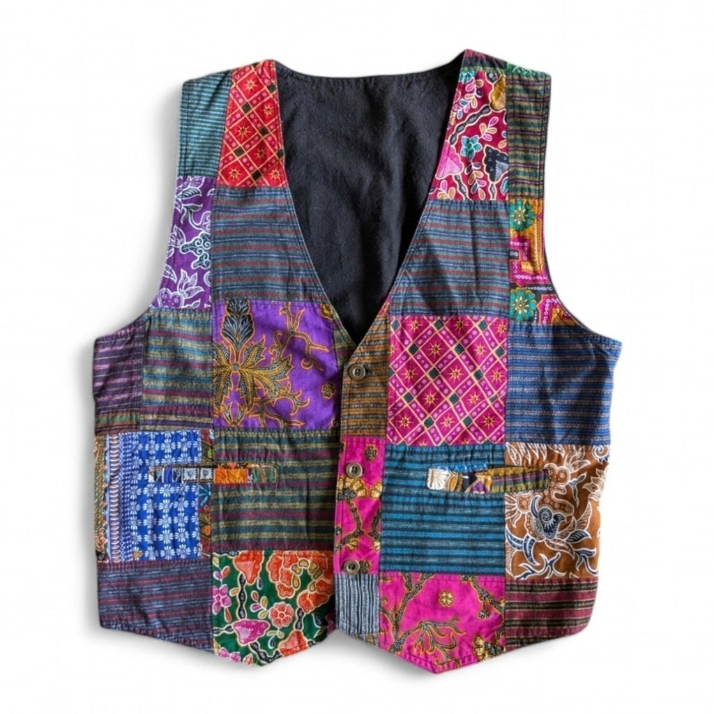 Vintage Bohemian Cotton Patchwork Vest Welt Front Pockets Women's Sz L