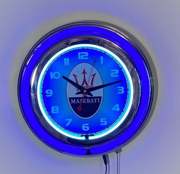 Maserati logo neon wall hanging clock