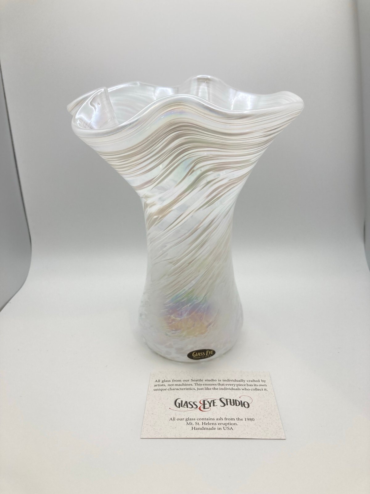 NWOT Glass Eye Studio Iridescent Carnival Glass Ruffle Vase Hand Blown White