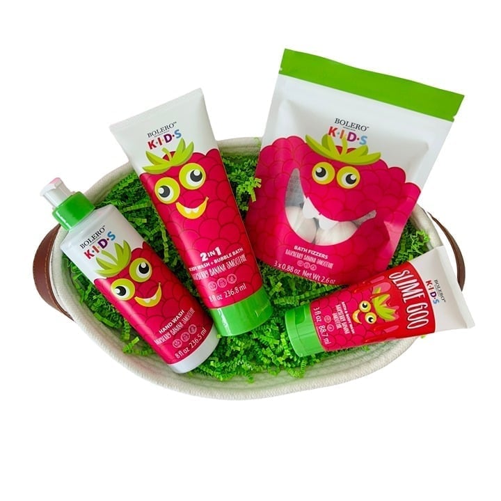 Kids Bath Gift Basket For Boys and Girls, Strawberry Banana Smoothie Set 6 pc