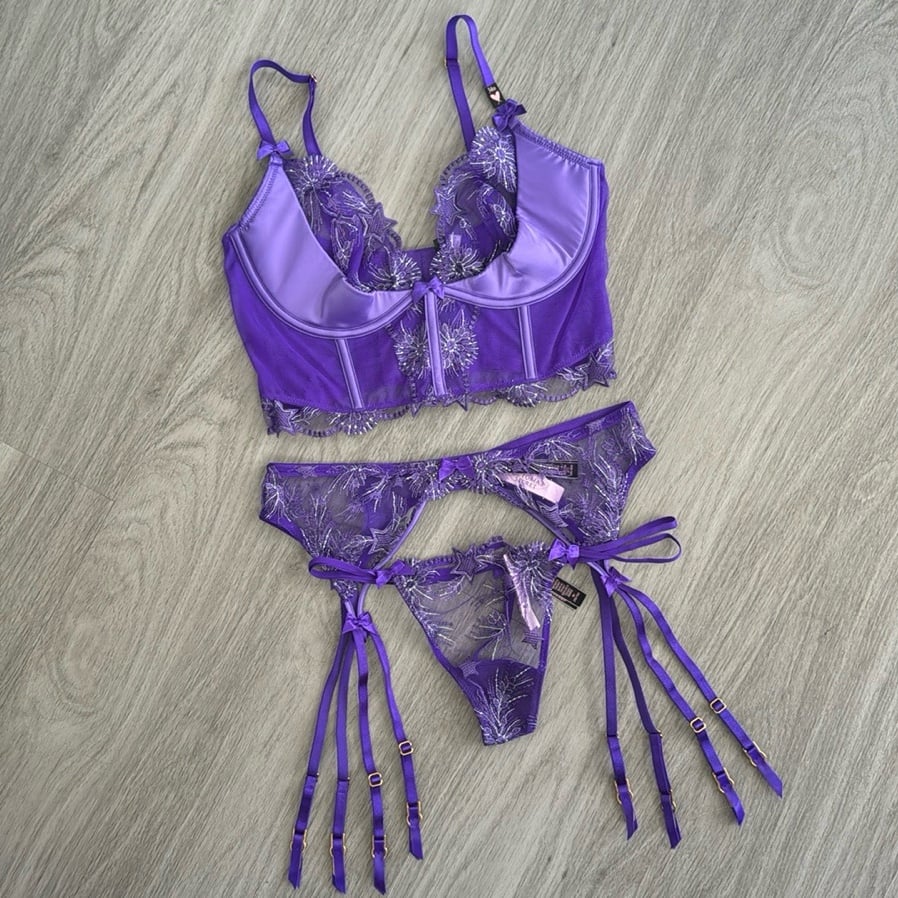 NWT VICTORIA’S SECRET STARLET EMBROIDERED VERY SEXY CORSET + GARTER + THONG SET