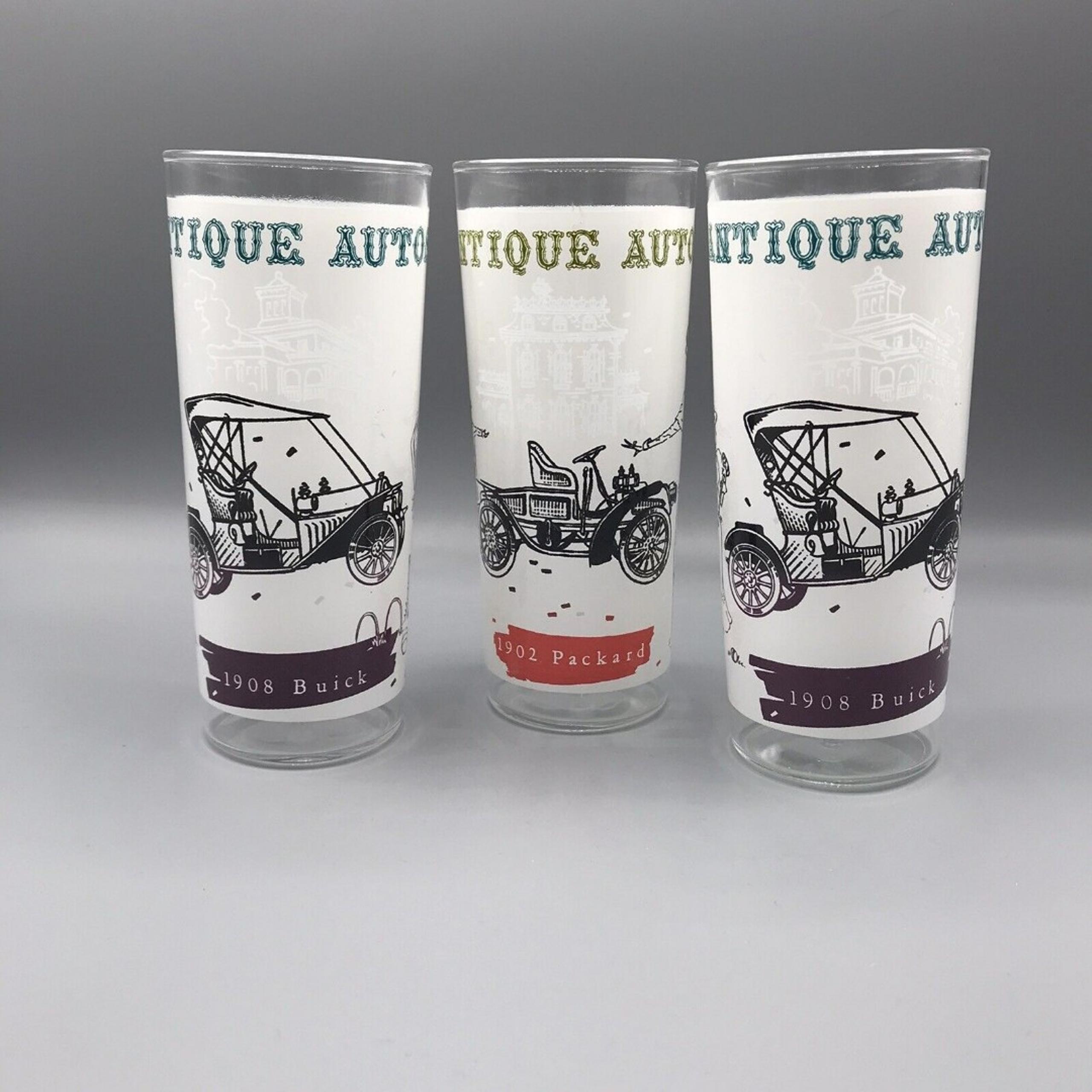 Anchor Hocking Antique Auto Glasses Mid Century  2 1908 Buick & 1 1902 Packard