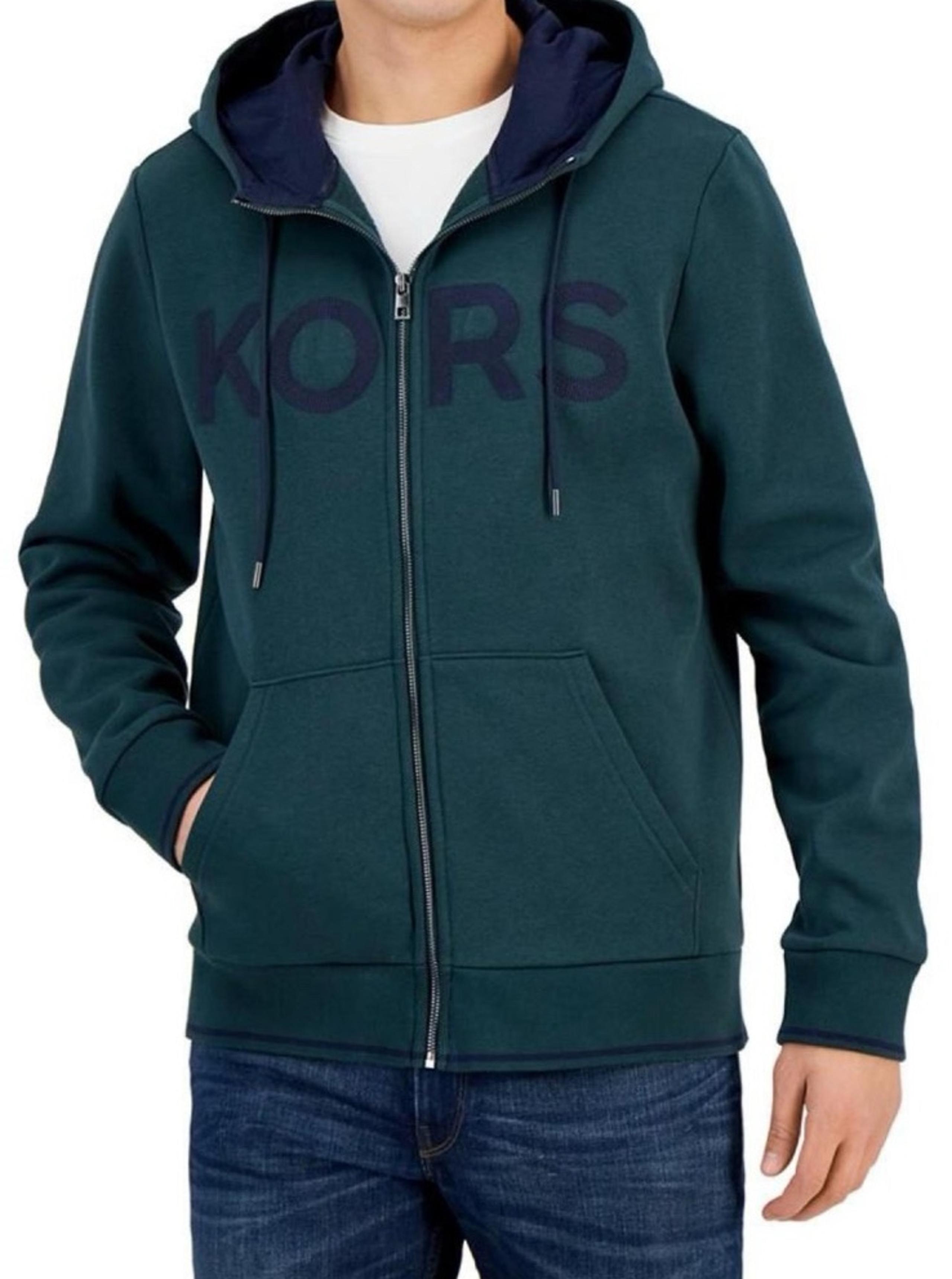 Michael Kors KORS Men's Zip-Front Fleece Logo Green Hoodie  Size Medium