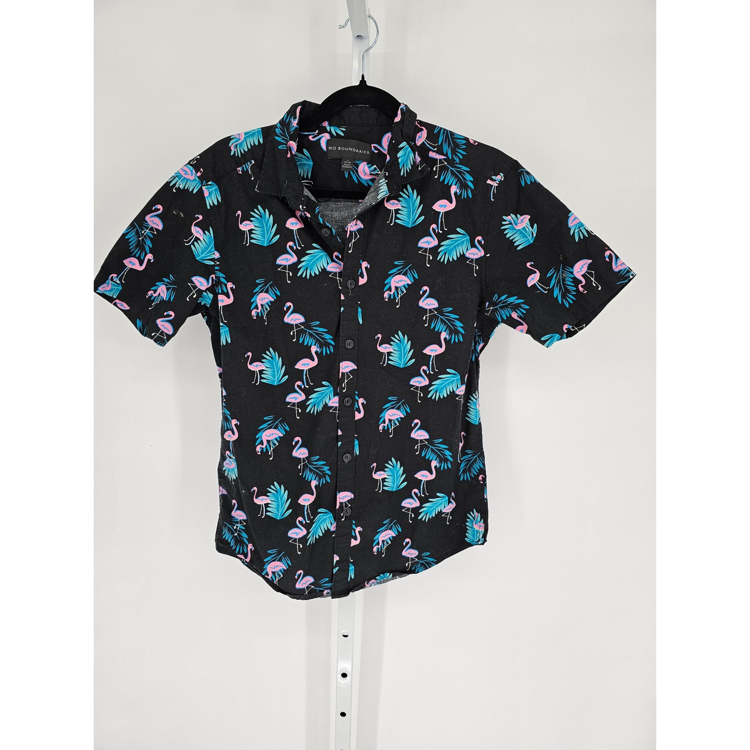 No Boundaries Mens Sz S Short Sleeve Button Up Shirt Flamingo Print
