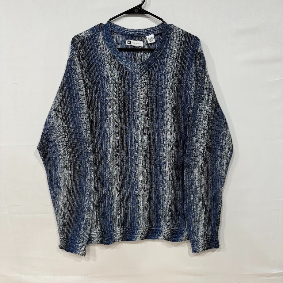 Bachrach Sweater Mens L Blue Gray Textured Knit Pullover Wool Blend Taiwan VTG