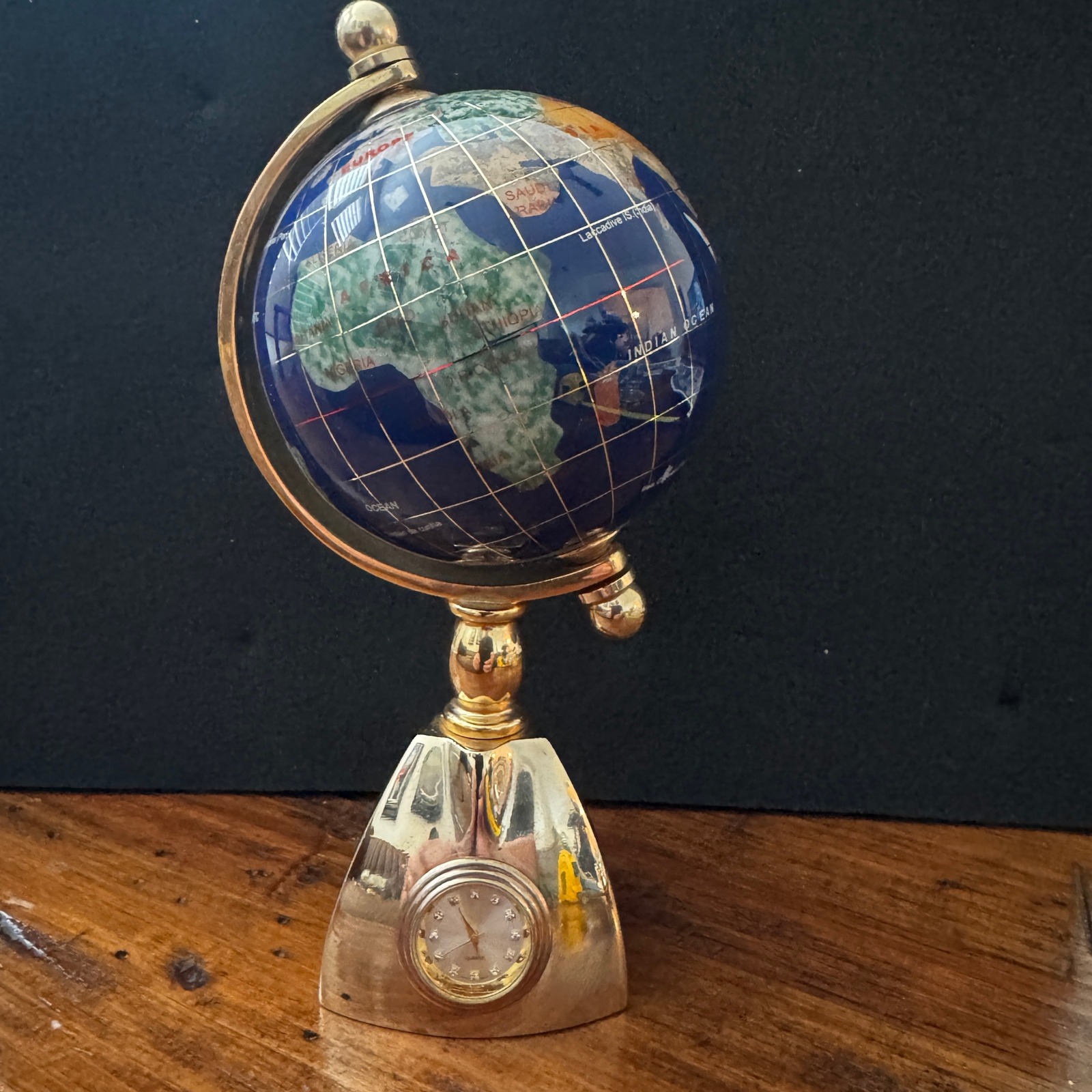 Gemstone Lapis World Globe with Clock Desk Decor Vintage Style Home Office Decor