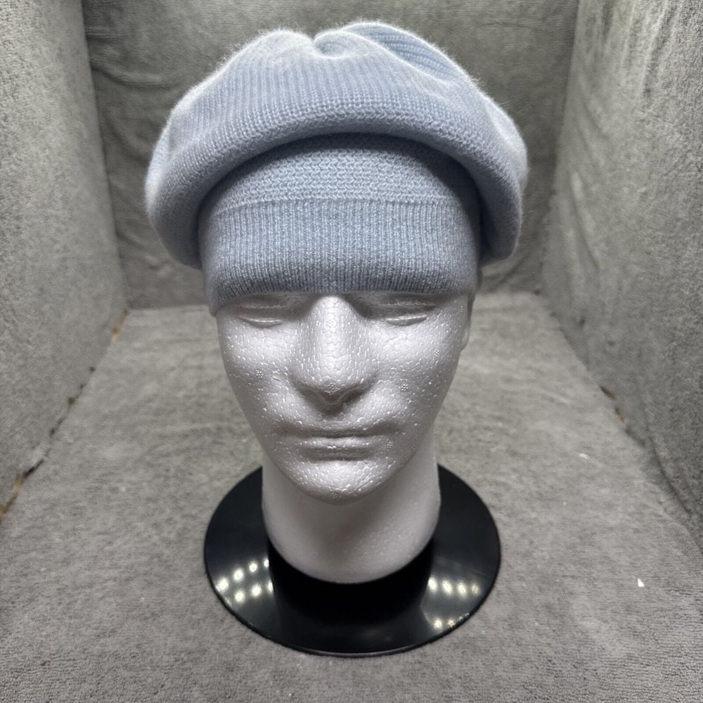 Waysoft 100% Cashmere Beanie Hat Knit Pale Blue Ribbed Luxury Cap Apres Ski