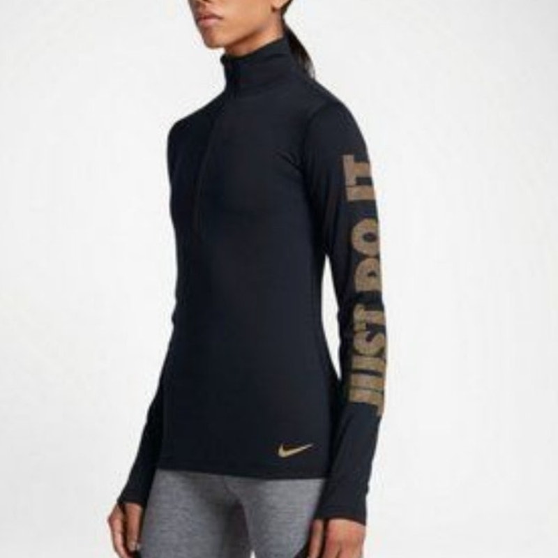 Nike Pro Warm Top Size Large Half Zip Logo Black Metallic Gold Athleisure Logo