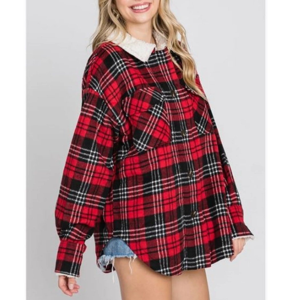 NWT GeeGee Red & Black Plaid Sherpa Lined Oversized Shirt Jacket Shacket Size S