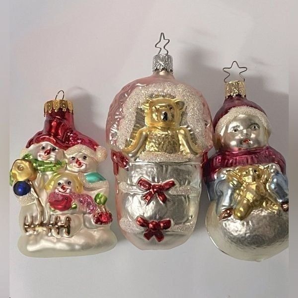 Vintage German blown Glass Christmas holiday ornaments snowman santa bear set 3